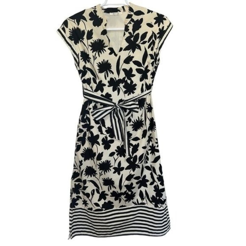 Zoe & Claire Black & Cream Floral Print Midi Dress Striped Waist Tie & Hem Sz M